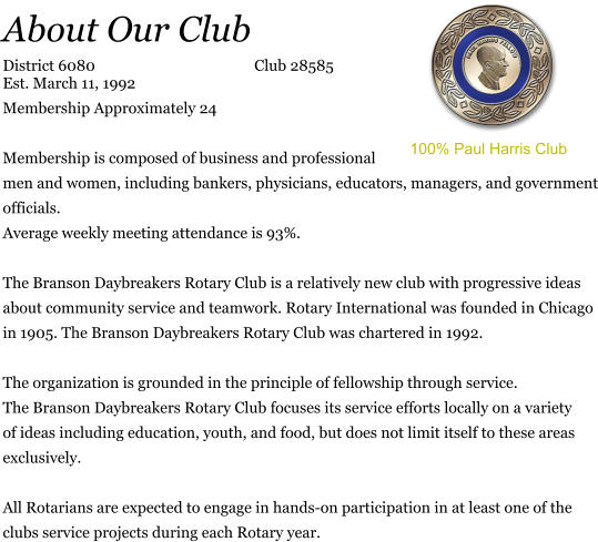 About Our Club District 6080				Club 28585Est. March 11, 1992 Membership Approximately 24  Membership is composed of business and professional men and women, including bankers, physicians, educators, managers, and government officials. Average weekly meeting attendance is 93%.  The Branson Daybreakers Rotary Club is a relatively new club with progressive ideas about community service and teamwork. Rotary International was founded in Chicago in 1905. The Branson Daybreakers Rotary Club was chartered in 1992.  The organization is grounded in the principle of fellowship through service. The Branson Daybreakers Rotary Club focuses its service efforts locally on a variety of ideas including education, youth, and food, but does not limit itself to these areas exclusively.  All Rotarians are expected to engage in hands-on participation in at least one of the clubs service projects during each Rotary year. 100% Paul Harris Club