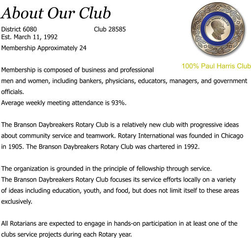 About Our Club District 6080				Club 28585Est. March 11, 1992 Membership Approximately 24  Membership is composed of business and professional men and women, including bankers, physicians, educators, managers, and government officials. Average weekly meeting attendance is 93%.  The Branson Daybreakers Rotary Club is a relatively new club with progressive ideas about community service and teamwork. Rotary International was founded in Chicago in 1905. The Branson Daybreakers Rotary Club was chartered in 1992.  The organization is grounded in the principle of fellowship through service. The Branson Daybreakers Rotary Club focuses its service efforts locally on a variety of ideas including education, youth, and food, but does not limit itself to these areas exclusively.  All Rotarians are expected to engage in hands-on participation in at least one of the clubs service projects during each Rotary year. 100% Paul Harris Club